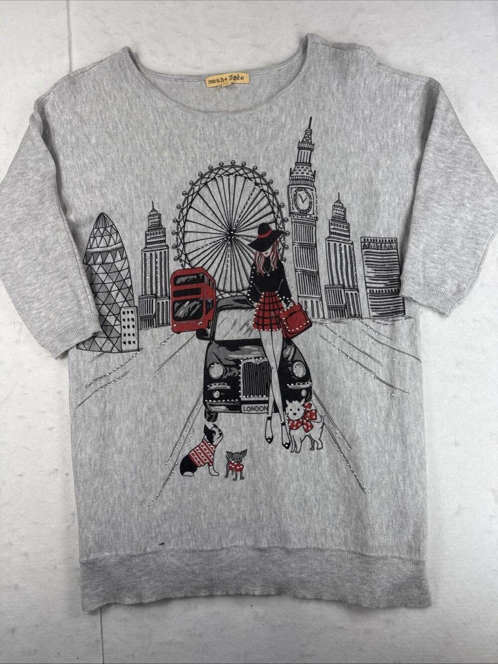 Womens Novelty Graphic Sweater Sz S Gray London Girl Embellished Studded Artsy